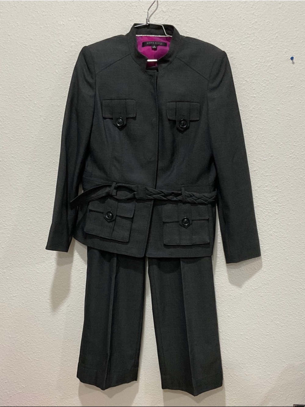 Anne Klein Women's Dark Grey and Black 2-Piece Suit with Braided Belt